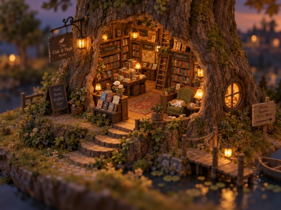 A tiny bookstore inside a hollow oak tree, as a miniature diorama