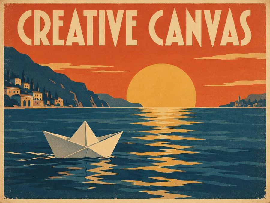 Vintage travel poster reading CREATIVE CANVAS with a paper boat at sunset